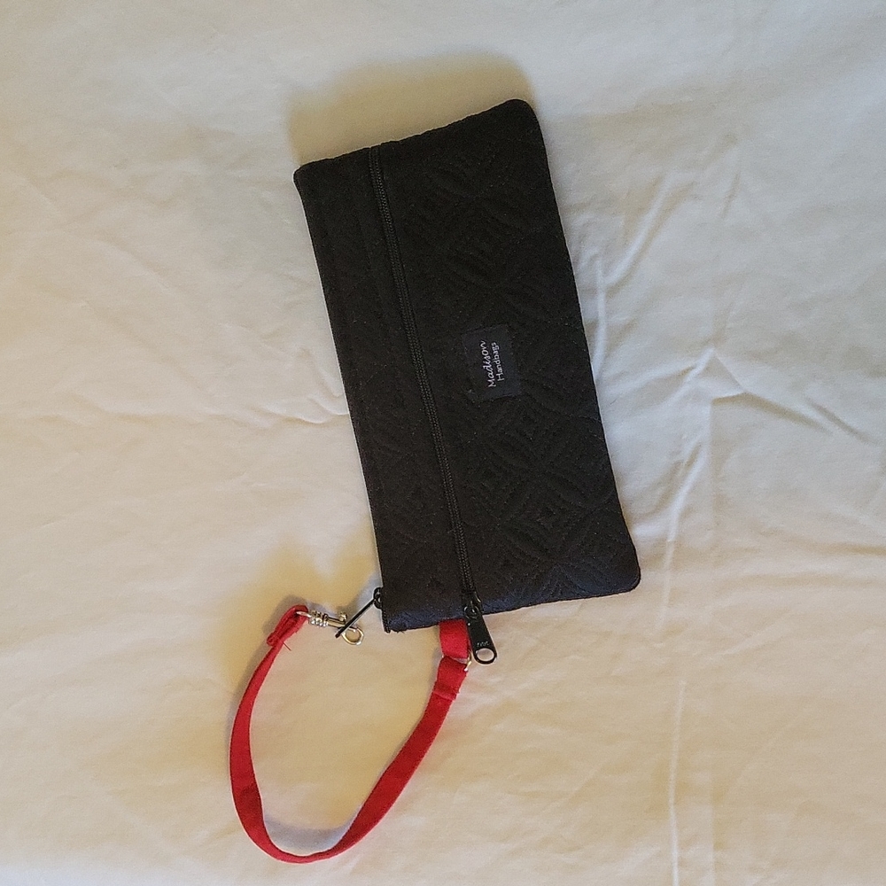Madison Handbags wristlet black with red strap clutch zipper wallet